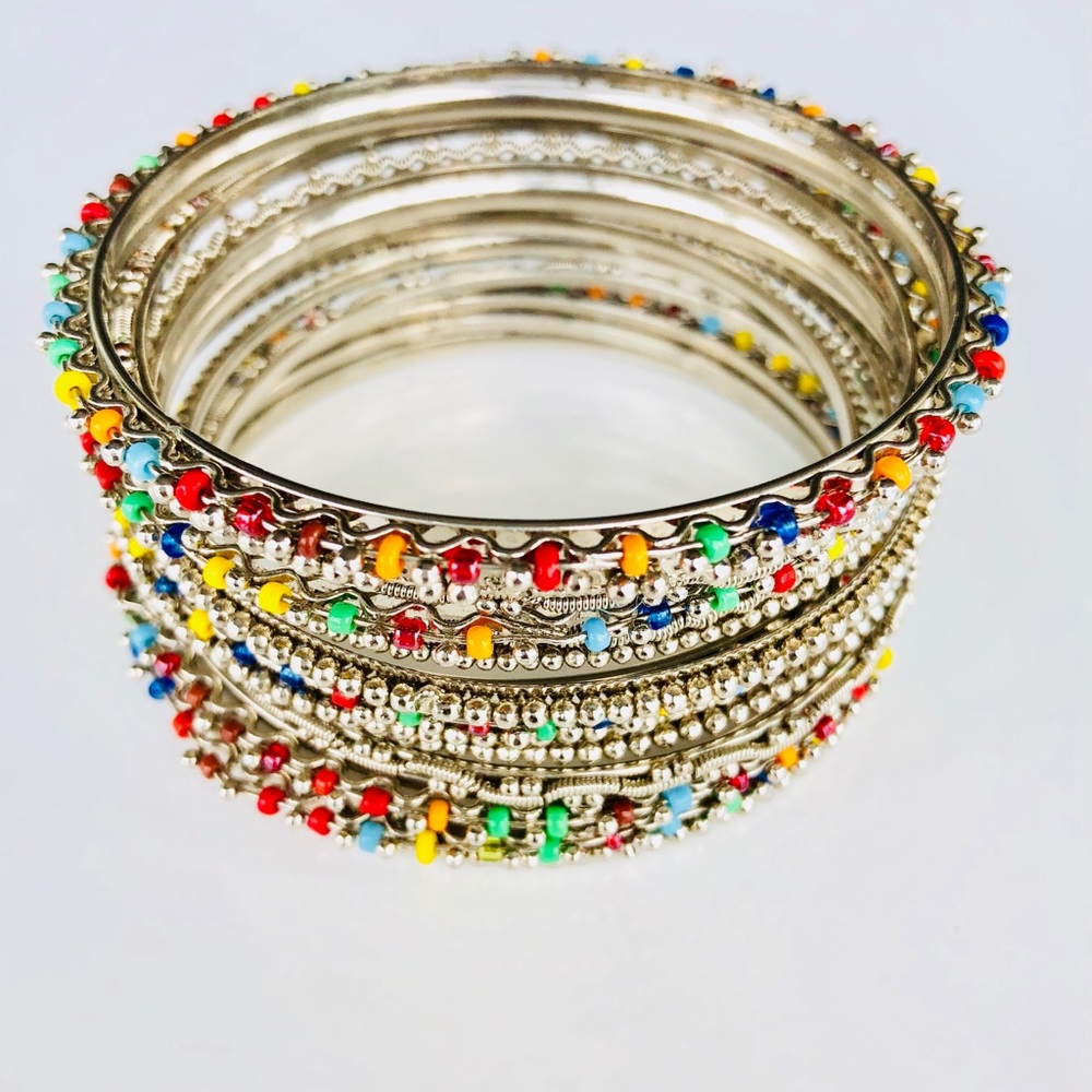 Silver bangles with multi-color beading